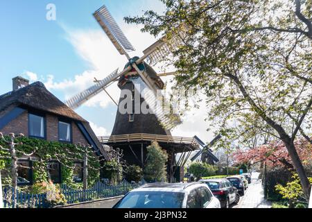 Weesp, Netherlands. 09 apr 2022. Neighbouring windmills 'de Vriendschap' and 'de Eendragt' along the Utrechtseweg rotating simultaniously  during a record attempt of the Voluntary Millers Guild to have all Dutch rotating wind and water turbines in the Netherlands run simultaneously between 11:00 and 12:00. More than 800 mills  participated, including 29 mills abroad. Credit: Steppeland/Alamy Live News Stock Photo