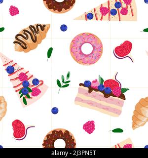 Seamless Pattern with Cakes, Pastries, Donuts, Cheesecakes. Vector Pattern with sweet desserts and bakery illustrations in cartoon modern style. Cakes Stock Vector
