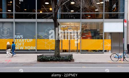 AWS Startup Loft, 350 W Broadway, New York, NYC storefront photo of an Amazon Web Services coworking space in the SoHo neighborhood in Manhattan. Stock Photo