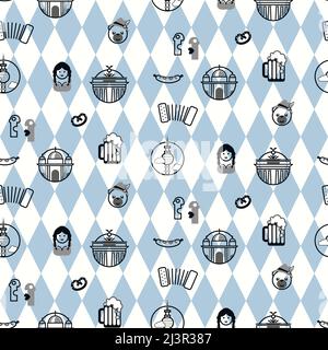 Oktoberfest background with bavarian symbols icons seamless pattern. Stock Vector