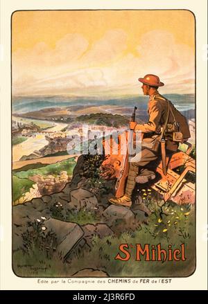 An early 20th century French advertising poster from World War One, 1914-1918, showing a French  soldier sitting on top of a hill, overlooking St. Mihiel. The Germans had held the town and surrounding areas since the first battle at the Marne in 1914. In 1918, under the command of General Ferdinand Foche (1851-1929), the allied forces broke through the German hold on St. Mihiel and it was safely under France's control once again.  Artist Unknown