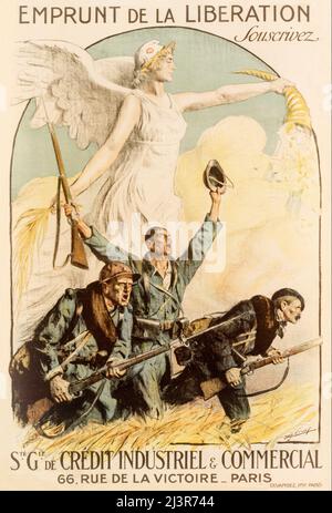 An early 20th century French advertising poster from World War One, 1914-1918, showing three soldiers - French, American and Italian - charging into battle. A winged figure of Marianne ( the national personification of the French Republic ) is above them pouring out coins and paper money from a cornucopia. The artist is Lucien Jonas (1880-1947) Stock Photo