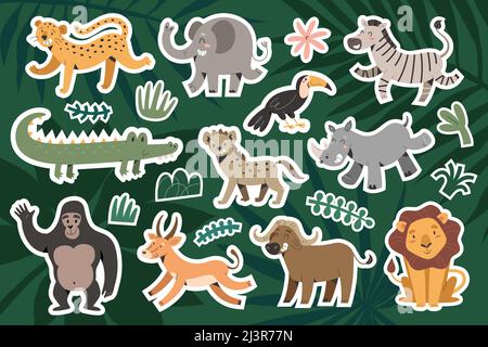 Funny african animals, vector stickers, cute giraffe, smiling zebra and dancing elephant, friendly jaguar, safari mammals with facial expressions Stock Vector