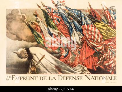 An early 20th century French advertising poster from World War One, 1914-1918,  showing allied flags bearing down on Kaiser Wilhelm II who abdicated on the 9th November 1918, two days before Armistice. The artist is Abel Faivre (1867-1945) Stock Photo