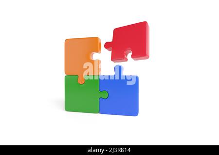 Four puzzle pieces, red, blue, green and orange, coming together in three dimensions. Teamwork concept. 3d illustration. Stock Photo