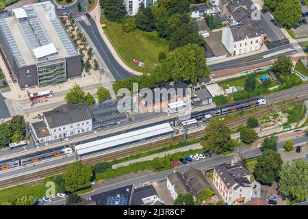 Aerial view, Kamen railway station with multi-storey car park in Kamen, Ruhr area, North Rhine-Westphalia, Germany, Luftbild, Bahnhof Kamen mit Parkha