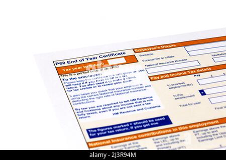 P60 End of year Certificate issued by HMRC in the United Kingdom.  Blank tax form Stock Photo