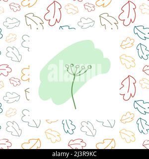 Set of abstract rectangular frame made of leaves of different colors in trendy shades and floral element. Outline drawing by hand. Great for lettering and inscriptions. Template for postcard, poster, banner. Stock Vector