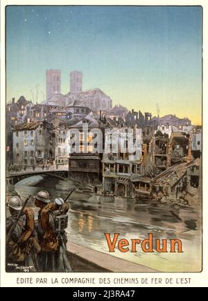 An early 20th century French advertising poster from World War One, 1914-1918, showing French soldiers marching beside a river and over a bridge into a shelled Verdun. The battle of Verdun in 1916 was the longest and costliest battle, in terms of lives, of the war. The artist is Maurice Toussaint (1882-1974) Stock Photo