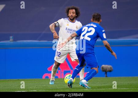 Stadium Santiago Bernabeu, Madrid, Spain. 9th Apr, 2022. Men's La Liga Santander, Real Madrid verus Getafe CF; Marcelo of Real Madrid looks to go past Suarez of Getafe Credit: Action Plus Sports/Alamy Live News Stock Photo