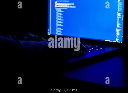 Female freelance developer writes code at night. Blue computer screen and hands on keyboard Stock Photo