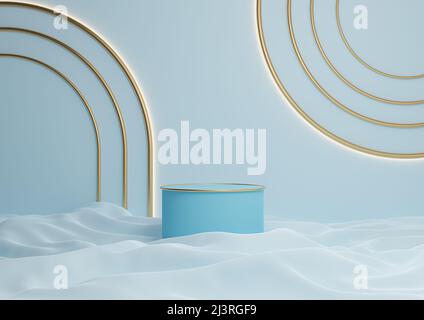 Light, pastel, baby blue 3D rendering luxurious product display cylinder podium or stand with golden lines minimal composition with an arch geometric Stock Photo