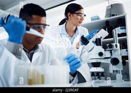 Hard at work in the name of health. Shot of two young scientists using a digital tablet while conducting medical research in a laboratory. Stock Photo
