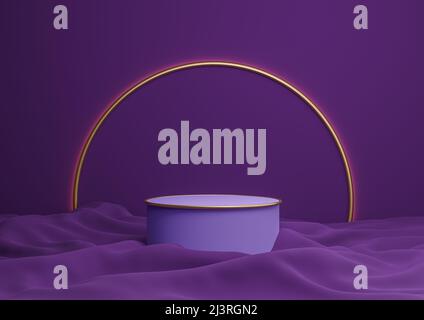 Dark purple, violet 3D rendering luxurious product display podium or stand minimal composition with golden arch line in background and light Stock Photo