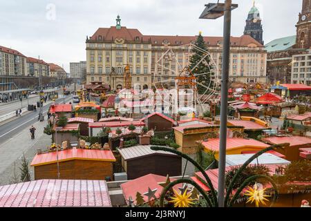 Dresdner Striezelmarkt with many small wooden houses at the famous Christmas market in Saxony. View from above. The market is closed. Stock Photo