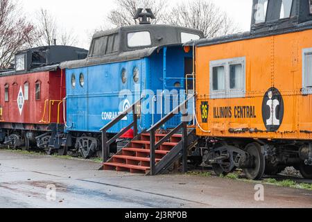 Colorful sleeper unit caboose train cars at the Red Caboose Motel in Ronks, Lancaster County, Pennsylvania. (USA) Stock Photo