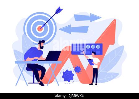 Businessman with laptop, target and arrows. Business direction, strategy and turnaround, change direction campaign concept on ultraviolet background. Stock Vector
