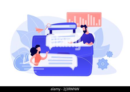 Business people talking with speach bubbles and briefcase. Consulting, expert advice, business strategy and support concept on white background. Pinki Stock Vector