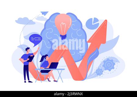 Brain, lightbulb and business team solving problem. Innovative solution, problem-solving and crisis management concept on white background. Pinkish co Stock Vector