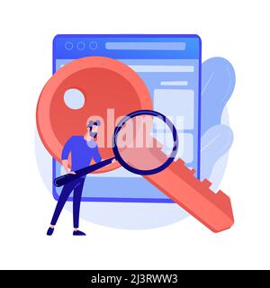 Keywords searching. SEO, content marketing isolated flat design element. Business solution, strategy, planning. Man holding magnifier and key. Vector Stock Vector