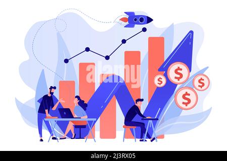 Sales managers with laptops and growth chart. Sales growth and manager, accounting, sales promotion and operations concept on white background. Pink c Stock Vector