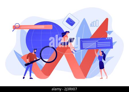 Team of specialists with magnifier and laptop and arrow. Digital marketing, PPC campaign, customer relationships concept on white background. Pinkish Stock Vector