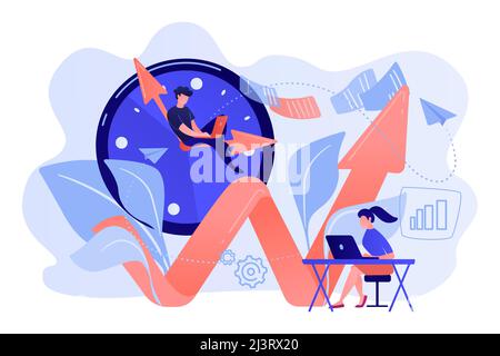 Businessman working on clock hand and businesswoman with laptop. Productivity, efficiency of production, qualification concept on white background. Pi Stock Vector