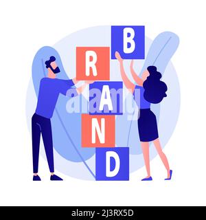 Product brand building. Corporate identity design. Studio designers flat characters teamwork, cooperation and collaboration. Company name. Vector isol Stock Vector