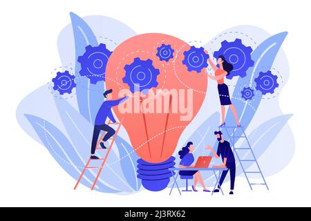 Business team putting gears on big lightbulb. New idea engineering, business model innovation and design thinking concept on white background. Pink co Stock Vector