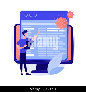 Coding and website development. Technical support. Programming engineering. Coder, web developer, computer software. Programmer male flat character. V Stock Vector