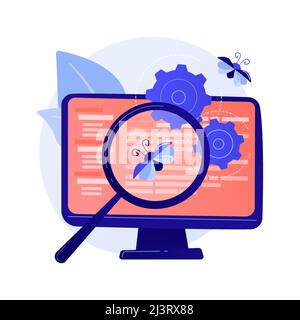Bug fixing and software testing. Computer virus searching tool. Devops, web optimization, antivirus app. Magnifier, cogwheel and monitor design elemen Stock Vector