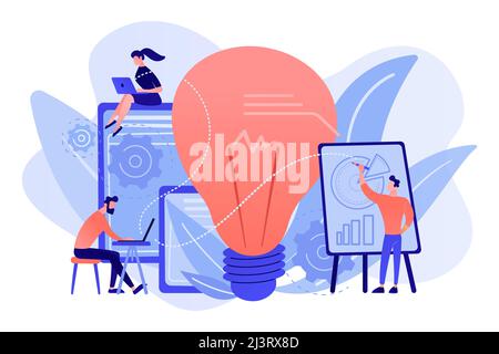 Business people analyzing and lightbulb. Competitive intelligence and environment, information and marketplace analysis concept on white background. P Stock Vector