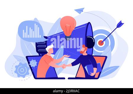 Businessmen handshake from laptops and megaphone. Collaboration and communication, corporate and cooperative business concept on white background. Pin Stock Vector