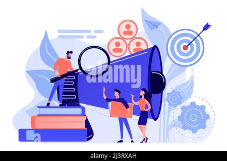 Businessman look with magnifier at target group. Market segmentation and adverts, target market and customer concept on white background. Pink coral b Stock Vector