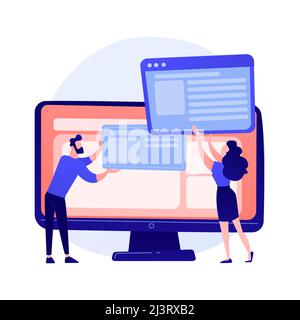 Website interface development planning. Devops team flat characters working. UI, UX, content design. Computer software creation and web development. V Stock Vector