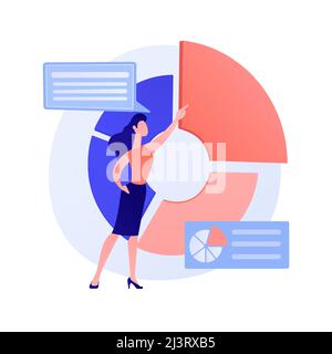 Business presentation. Data analytics, pie chart, infographics visualization. Report analyzing. Businessman character analyzing statistics. Vector iso Stock Vector