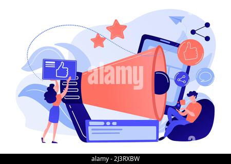 Users with like and share icons and megaphone. Like comment share giveaway, social networks promotion, like farming concept on white background. Pink Stock Vector