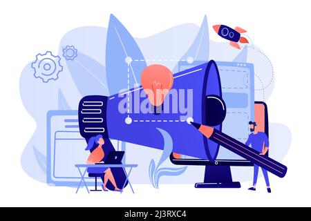 Designers work on new brand and big megaphone. Brand identity and logo, business card, advertisement and graphic design concept on white background. P Stock Vector