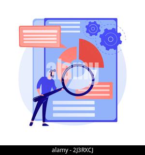 Business documents scanning. Electronic online doc with pie chart infographics. Data analytics, annual report, result checking. Man with magnifying gl Stock Vector