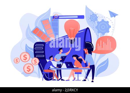 Digital marketing team with laptops and light bulb. Marketing team metrics, marketing team lead and responsibilities concept on white background. Pink Stock Vector