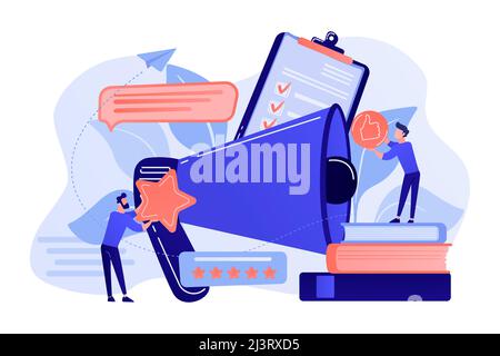 Megaphone and businessmen rate with stars and thumb up icons. Rank and rating scale, high-ranking, top-ranking concept on white background. Pink coral Stock Vector