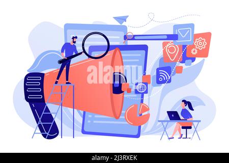 Business team with megaphone and media icons work on search engines optimization. Online marketing, seo tools concept on white background. Pink coral Stock Vector