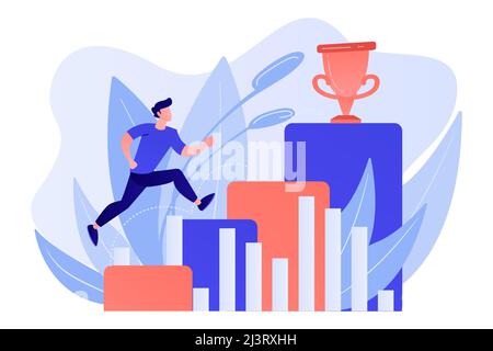 Businessman jumps on graph columns on the way to success. Positive thinking and success achievement, self-confidence concept on white background. Pink Stock Vector