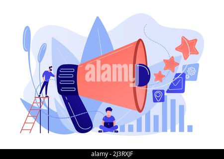 Businessman with megaphone promote media icons. Sales promotion and marketing, pomotion strategy, promotional products concept on white background. Pi Stock Vector