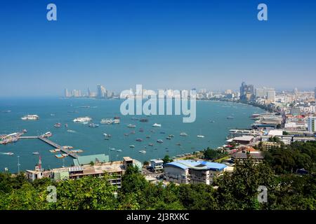 Pattaya Bay seen from Pattaya Viewpoint, Khao Phra Tamnak, Chonburi, Thailand, note  select focus with shallow depth of field Stock Photo