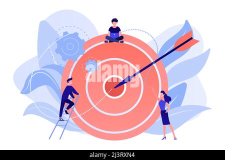 Businessmen working and woman at big target with arrow. Goals and objectives, business grow and plan, goal setting concept on white background. Pink c Stock Vector