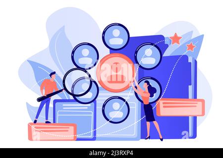 Human resourses managers doing professional staff research with magnifier. Human resources, HR team work and headhunter service concept. Pink coral bl Stock Vector