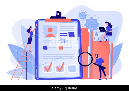 Recruiters and managers searching for candidate in huge CV for position. Recruitment agency, human resources service, recruitment network concept. Pin Stock Vector