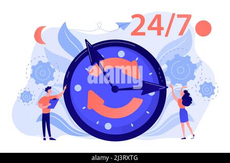 Businessman and woman near huge clock with round arrows working 24 7. 24 7 service, business time schedule, extended working hours concept. Pink coral Stock Vector