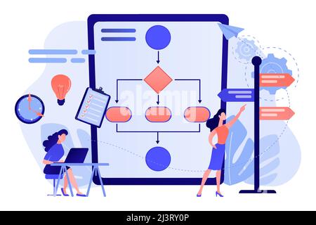 Business analyst with laptop, idea lightbulb and waymark. Decision management, enterprise analysis, decision IT tool and decision system concept. Pink Stock Vector